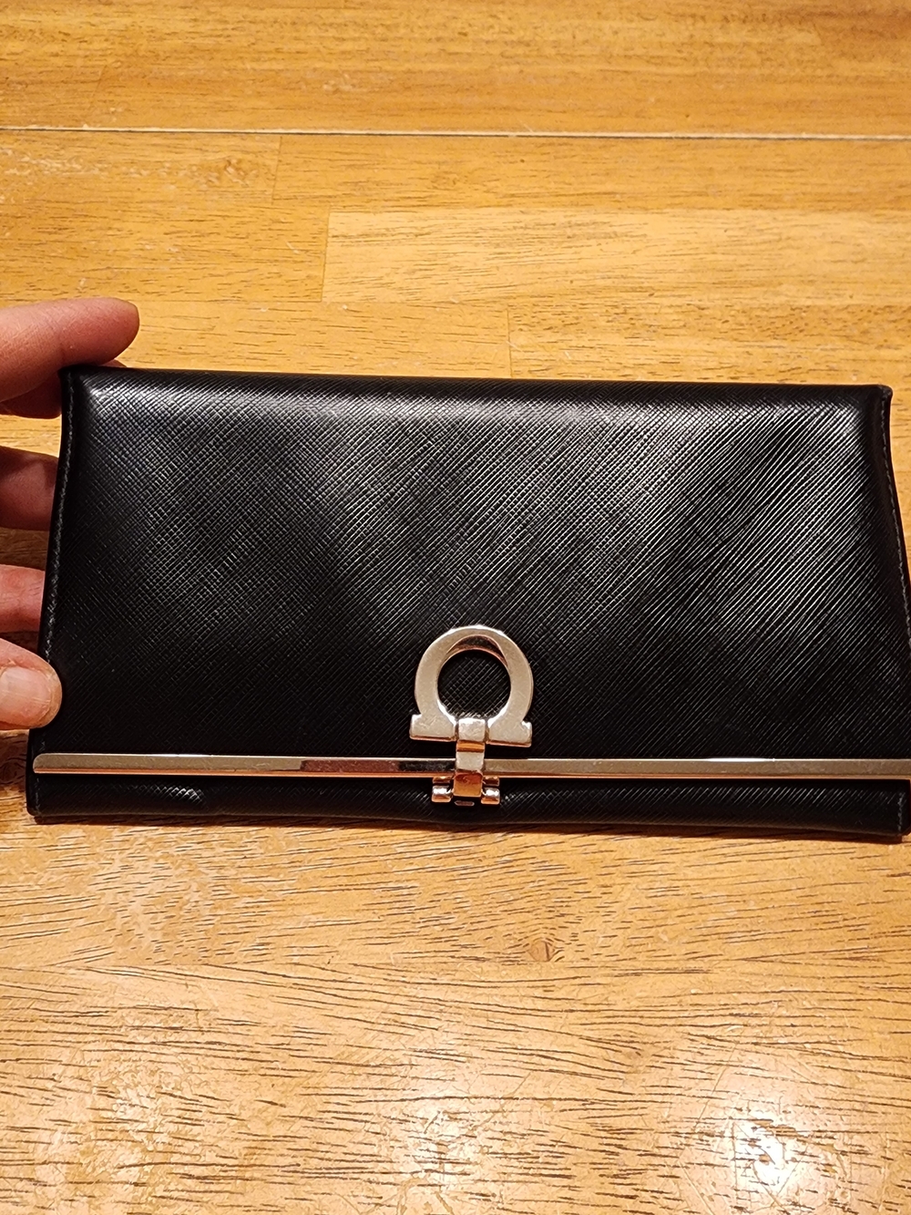 Salvatore Ferragamo Black Leather Wallet with Silver-Tone Hardware